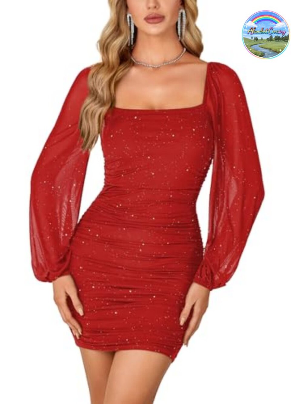Glitter Mesh Long Sleeve Bodycon Mini Dress Square Neck Ruched Party